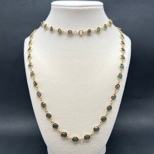 Vintage Open Bezel Necklace Gold Tone Dark Teal Blue Crystals 35" Opera Length